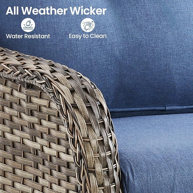 Patio Loveseat Sofa, Outdoor Wicker Loveseat with Luxury Thick Cushion, All-Weather Patio Furniture Set, Outdoor Glider Bench for Garden Balcony Backyard(Grey Wicker/Blue Cushion)