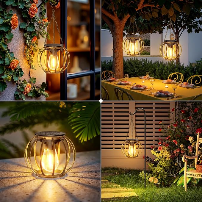 KOOPER Solar Lanterns Outdoor Waterproof, Upgraded Bronze Metal Hanging Solar Lights Outdoor Lanterns, Brighter Auto On/Off Outdoor Hanging Lantern for Yard Patio Pathway Porch Garden Decor 2 Pack