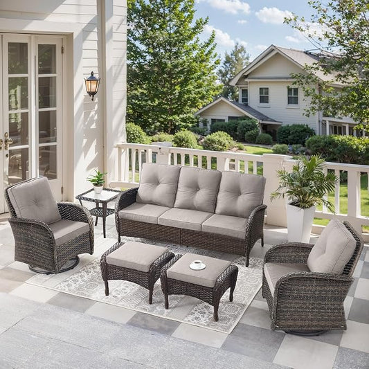 6 Pieces Outdoor Furniture-Patio Swivel Rocker Chairs Set of 2 3-Seater Wicker Couch with Outdoor Ottoman Outdoor Patio Furniture Set for Deck Porch Garden Balcony Poolside-Brown/Beige