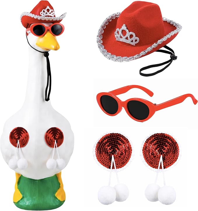 Funny Porch Goose Summer Bikini, Sunglasses & Tassel Skirt - Fits 17'' and 24'' Lawn Geese - Yard Decoration (Round Fringe)