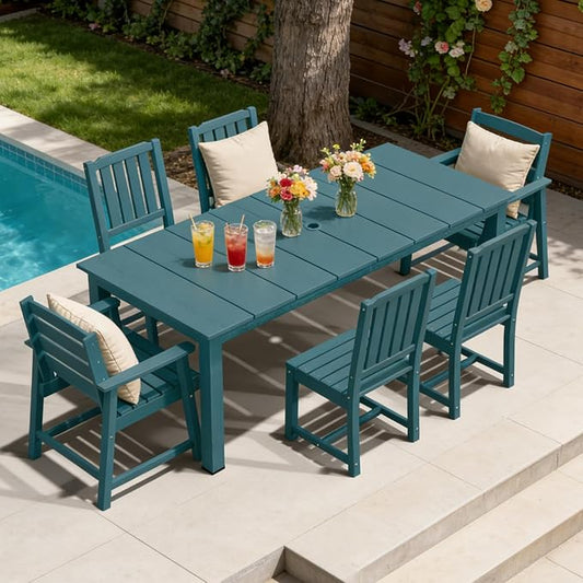PLUUV 7-Piece Outdoor Patio Dining Set, All-Weather HDPE Dining Furniture Set with Umbrella Hole Cut-Out Table, Aluminum Table Legs, 6 Chairs, Waterproof & Easy Clean for Backyard, Garden, Navy Blue