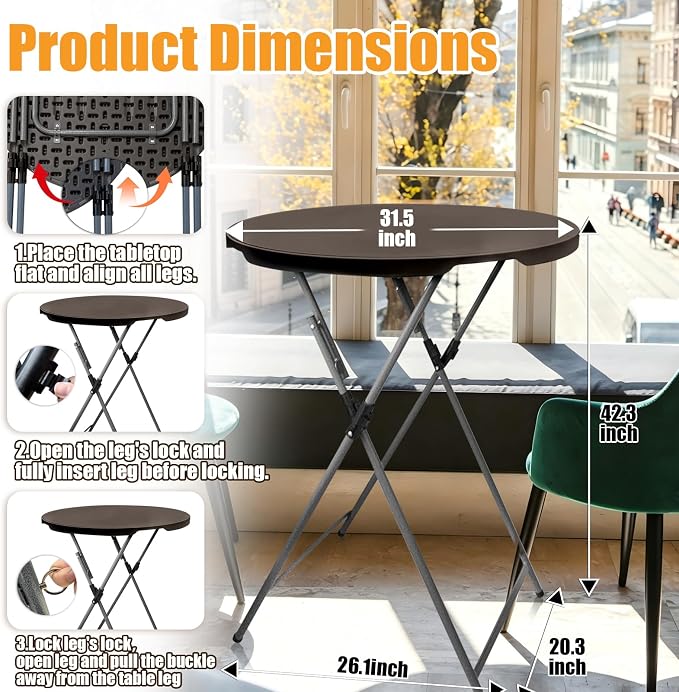 GUAGUA 32" Round Plastic Folding High Top Table - Versatile Bar, Cocktail & Portable Pub Table for Parties, Bistro & Events(Brown)