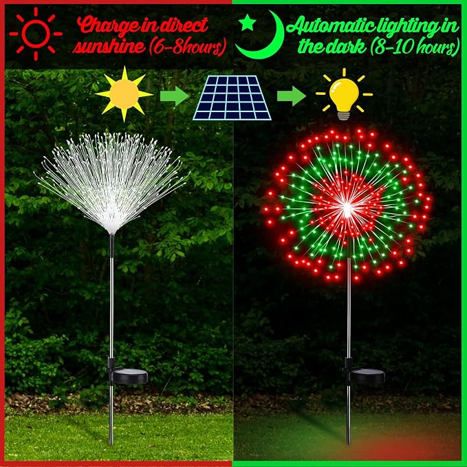 Tujoe 4 Pack Christmas Outdoor Garden Decoration Solar Firework Light Decor | Solar Firework Lights, 180 LED, 8 Lighting Modes, 32" to 51" Height, Outdoor Garden Yard Pathway Paty Decoration, Red, Green