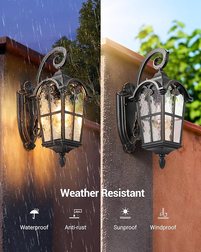 DEWENWILS Outdoor Wall Light Fixtures, Black Roman 17.7" H Exterior Wall Lantern, Anti-Rust & Waterproof, Water Ripple Glass, Outside Wall Sconce Porch Light for House, Garage