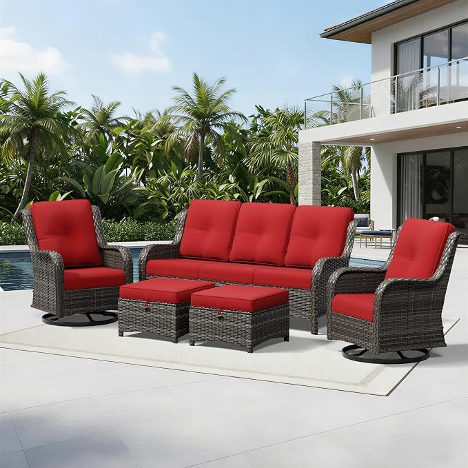 Joyside 5 Piece Wicker Patio Furniture Set, Outdoor Swivel Rocker Patio Chairs with High Back, Deep Seating, Wide Armrest, Thickened Cushions, Outdoor Furniture for Deck, Porch Use