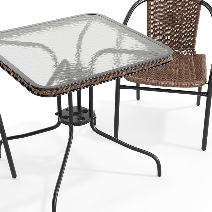 Flash Furniture Lila 3-Piece 28" Square Indoor/Outdoor Patio Table and Chairs Set, Glass Metal Bistro Table and 2 Stacking Rattan Chairs, Brown | Tempered Glass, Dark Brown Rattan Edging, 2 Rattan Stack Chairs