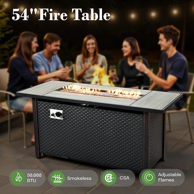 11 Pcs Patio Furniture with Fire Pit Table, Outdoor Rattan Wicker Conversation Set with Glowing Coffee Table, Comfy Sectional Sofa for Porch Balcony Backyard Pool, Black