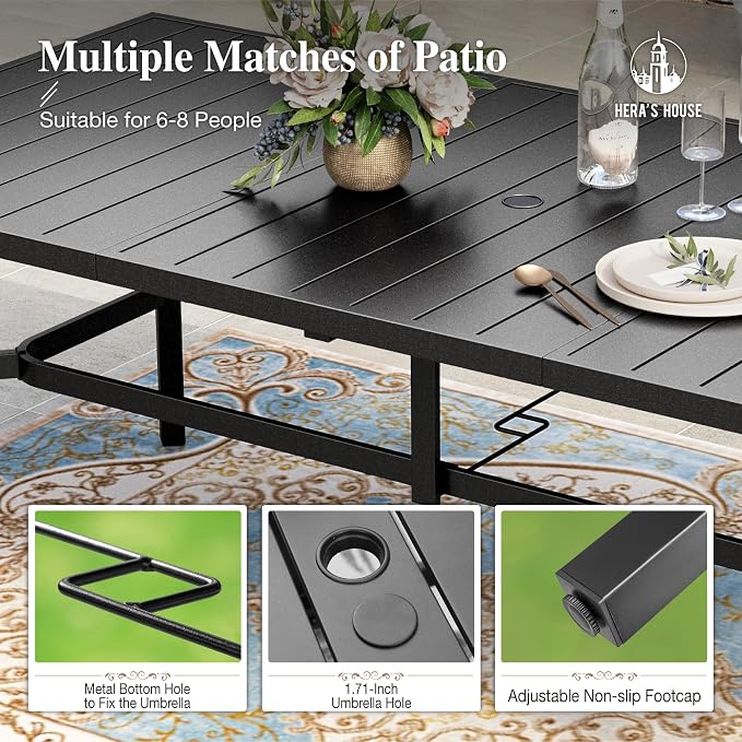 HERA'S HOUSE 9pc Outdoor Patio Dining Set for 8, Textilene Chairs, Blue | 83" Rectangular Metal Table with umbrella hole. Waterproof, rust-resistant, all-weather for backyard, porch