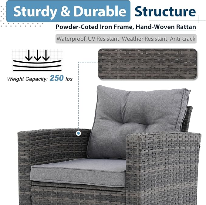JOIVI 8 Pieces Patio Furniture Set with 45” Propane Fire Pit Table and Storage Box, Wicker Rattan Outdoor Sectional Sofa, Outdoor Furniture Conversation Set with Thickened Cushion, Gray