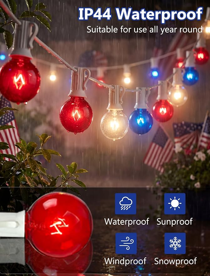 4th of July Decorations String Lights, 25Ft Outdoor Patio String Lights with 27 G40 Red White and Blue Light Bulbs(2 Spare), Independence Day Lights for Patriotic Party Garden Festival Decor- White