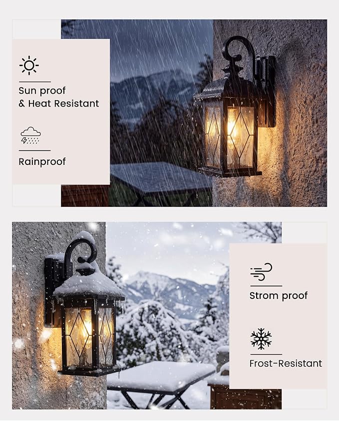 FEMILA Dusk to Dawn Outdoor Front Porch Light, 15" Exterior Waterproof Wall Light Fixtures, Matte Black Finish with Hammered Glass, E26 Socket, 4FD54B-PC BK-SD