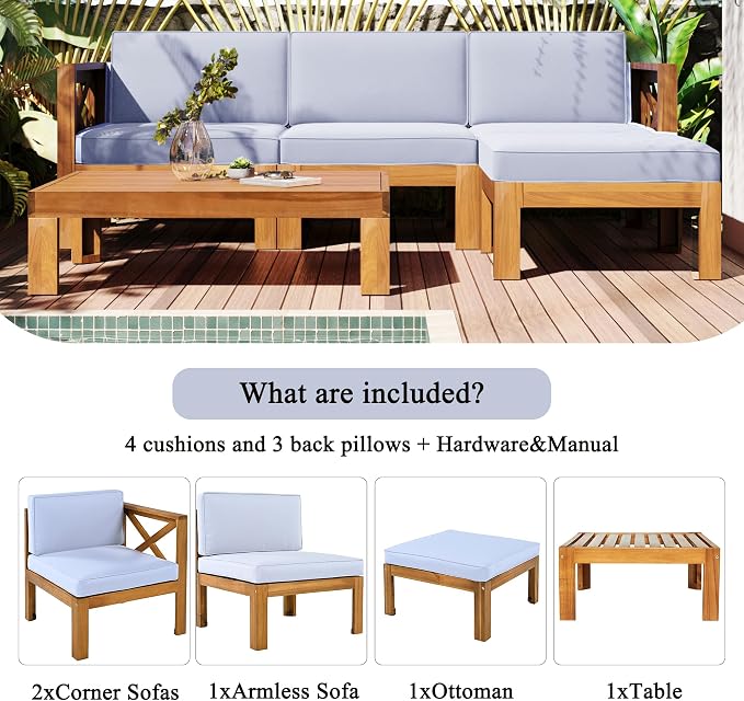 VilroCaz Acacia Wood 5-Piece Patio Sectional Sofa Set, All-Weather Outdoor Conversation Set, Corner Design Patio Set with Coffee Table and Updated Cushions for Backyard Porch Courtyard Poolside