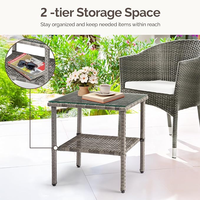 Outdoor PE Wicker Side Table with Storage, Patio Rattan End Table Square Glass Top Table for Furniture Gardening Tools