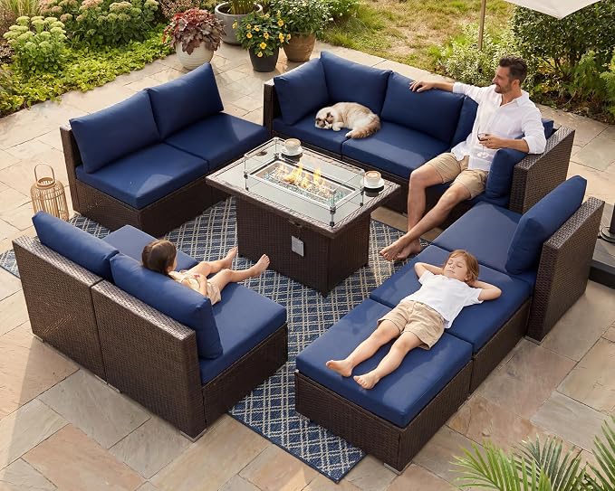 BULEXYARD 11 Piece High Back Outdoor Furniture Set with Firepit, Gorgeous Patio Conversation Set with Ottoman Modular, Large 10-Seats Sectional Couch Sofa for Garden, Brown Rattan & Navy Blue Cushion