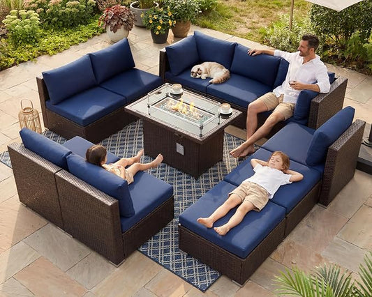 BULEXYARD 11 Piece High Back Outdoor Furniture Set with Firepit, Gorgeous Patio Conversation Set with Ottoman Modular, Large 10-Seats Sectional Couch Sofa for Garden, Brown Rattan & Navy Blue Cushion