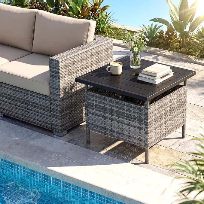 HAPPYGRILL Patio Umbrella Table Stand, Rattan Outdoor Side Table with Umbrella Hole, PE Wicker Frame, for Patio Garden Deck Poolside