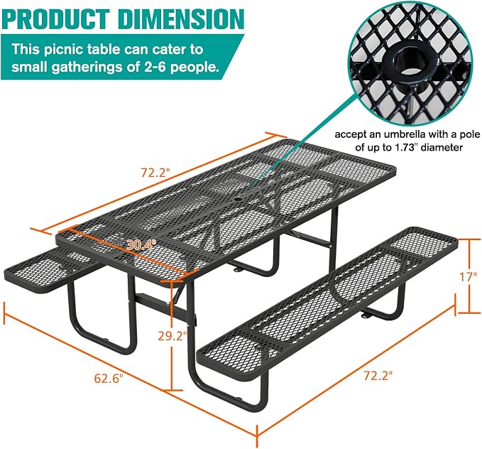 72'' Rectangular Steel Picnic Table for Outdoors,Commercial Metal Picnic Table with Umbrella Hole, Heavy Duty Sturdy Picnic Tables Furniture Set for Patio Garden Courtyard BBQ, Black