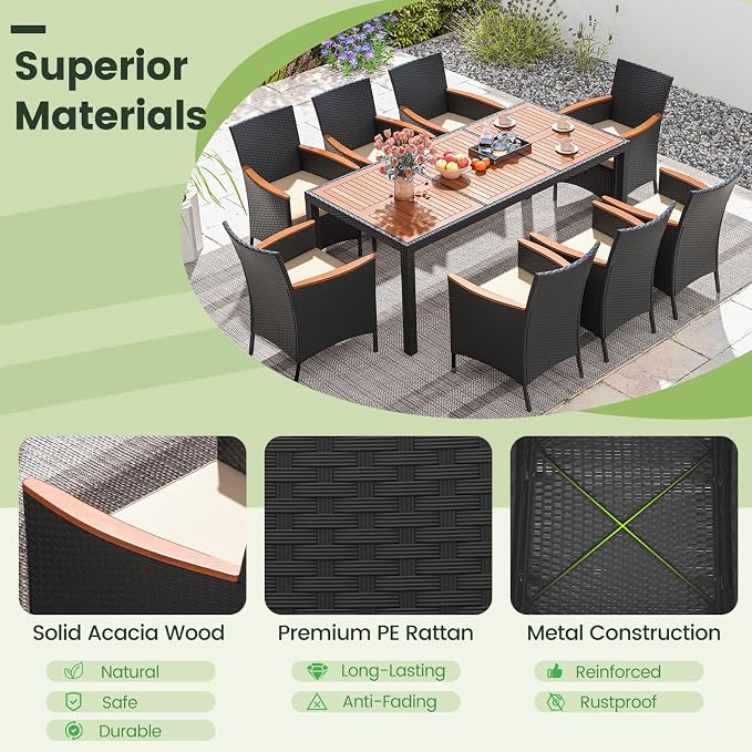 Tangkula 9 Pieces Rattan Outdoor Dining Set for 8, Outdoor Acacia Wood Table Set with 8 Cushioned Wicker Chairs, Umbrella Hole, Patio Dining Furniture Set for Deck Pool Backyard