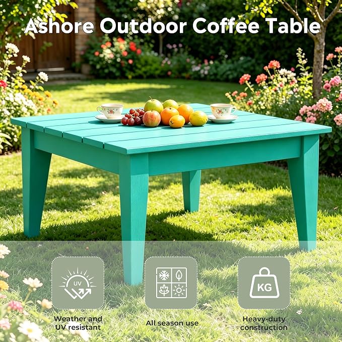 WestinTrends Ashore Outdoor Coffee Table, 32 Inch All Weather Poly Lumber Adirondack Patio Coffee Table Square Low Table, Turquoise