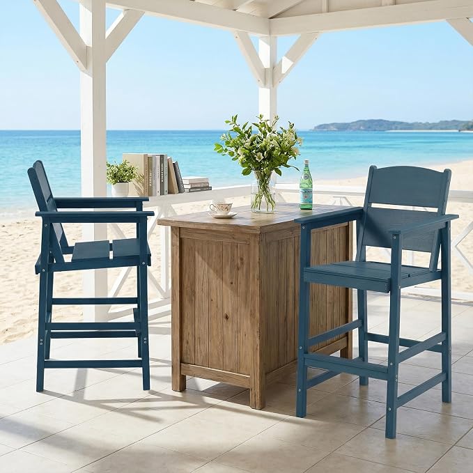 HDPE Outdoor Bar Chairs Set of 2, 28.5" Seat Height Bar Height Patio Stools with Armrest & Back, Heavy Duty All Weather High Top Chairs for Porch/Poolside/Deck, 400lb Capacity, Blue