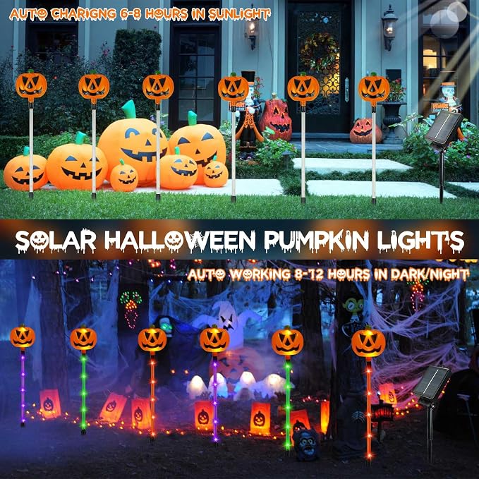 24 Pack Solar Pumpkin Lights Outdoor Waterproof for Halloween Decorations | 8 Modes Halloween Pathway Solar Lights, Orange Purple and Green, for Yard Garden Patio Holiday Party Decor