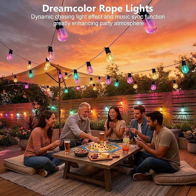 Beizelte Outdoor String Lights, 150FT RGB+IC Outside Light Dimmable Shatterproof LED Bulbs, IP67 Waterproof Chasing Effect Lighting DreamColor Patio Strip Lights for Backyard, Balcony, Outdoor Living