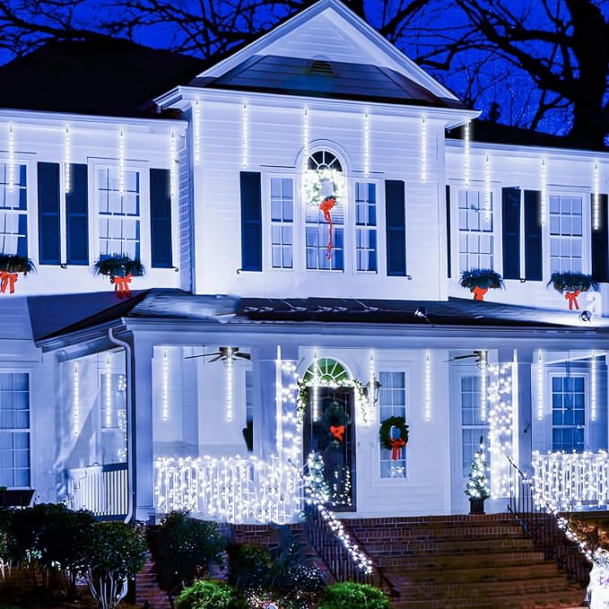 JMEXSUSS 2 Pack Solar Christmas Meteor Shower Lights, 16 Tube 288 LED | White Solar Christmas String Lights Outdoor Waterproof for Tree Patio Garden Wedding Party Decorations