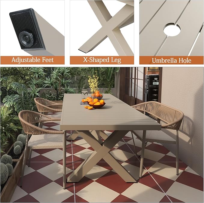 83'' 32'' Extendable Outdoor Dining Table for 6-8, Aluminum Frame with Umbrella Hole for Patio, Garden, Backyard, Deck, Poolside (Milk Coffee)