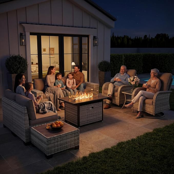 10-Piece Outdoor Patio Furniture Set with Rocking Swivel Chair, PE Wicker Rattan Sectional Sofa Patio Conversation Set with 55,000 BTU Fire Pit Table & Coffee Table, White