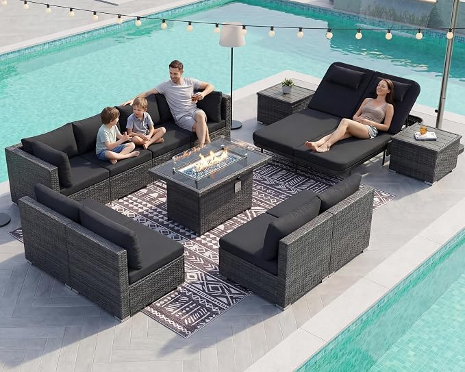 NICESOUL 13 Piece Outdoor Sectional with Fire Pit Table, All-Weather Wicker Modular Patio Furniture Set with Firepit & Chaise Lounge, Large Deep Sitting for Backyard, Deck, Grey & Black