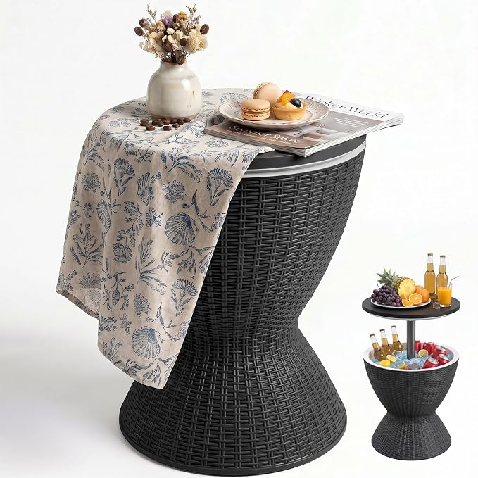 Outdoor Side Table, Cooler Bar Table, Weather Resistant Patio End Tables, Patio Furniture for Garden, Porch, Pool, Lawn, Backyard or Indoor (Black)
