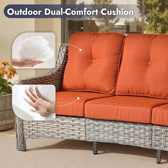 6 PCS Patio Furniture Set, Deep Seat High Back Outdoor Conversation Set with Ottomans, Wicker Outside Furniture with Solar Light Coffee Table for Porch Backyard Balcony, Sunroom, Orange