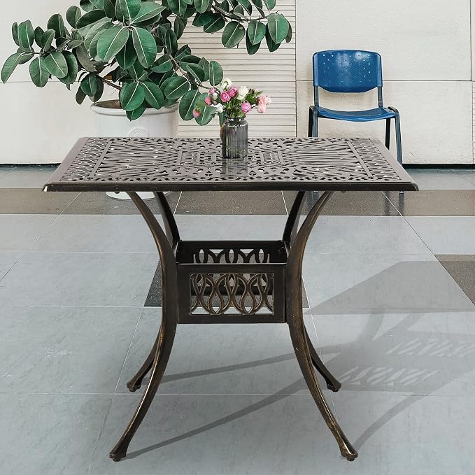 35.4 Inch Outdoor Dining Table Square Patio Table Bronze Cast Aluminum Rustic Large Table with Umbrella Hole