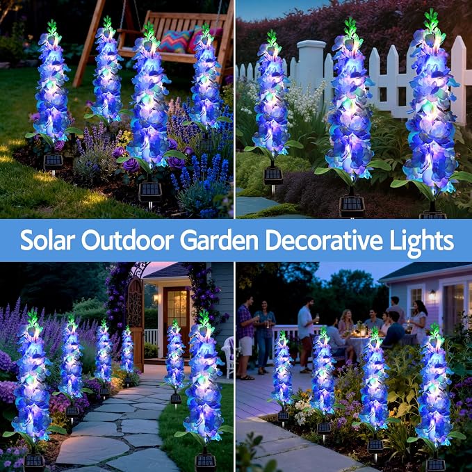 MRHEPHAESTUS Solar Garden Lights, Solar Blue Delphinium Flowers Lights 4 Pack 80 LEDs, Waterproof Outdoor Light Two Lighting Modes for Outside Wedding Party Garden Yard Patio Lawn Decor