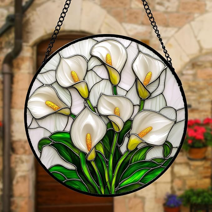 DASTOLL Stained Glass Window Hanging, White Calla Lily Suncatcher Diamond Glass Panel Hangings Flowers Sun Catchers Decor for Birthday for Women, Men, Wife, Aunt, and Mom 6.3 in
