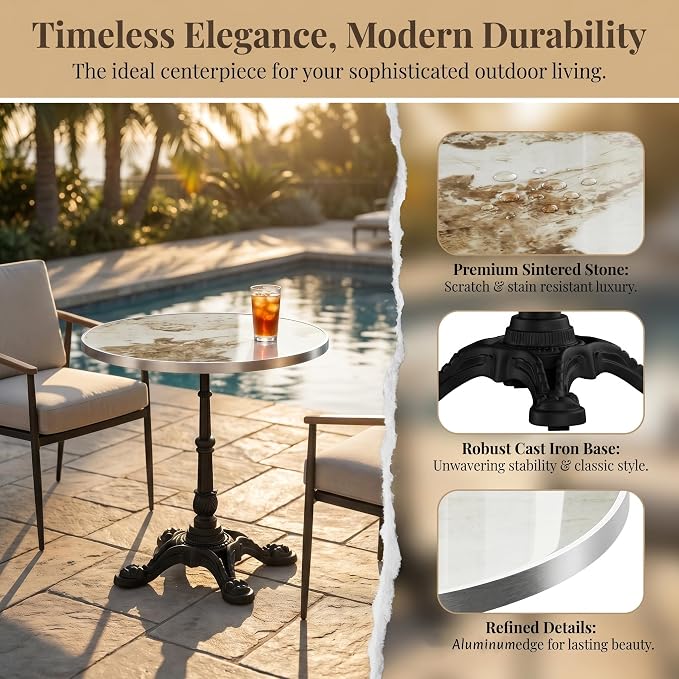 SSLine 31.5" Round Sintered Stone Dining Table, Pandora Marble Top Bistro Table with Heavy-Duty Cast Iron Base, Waterproof Tulip Table for 2-4 Person,Indoor/Outdoor Use for Patio,Cafe,Restaurant
