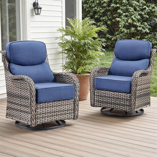 Rilyson Outdoor Swivel Rocker Chairs - All Weather Resistant Wicker Patio Furniture Set of 2 with High Back and 6 inch Thick Cushions for Deck Porch Yard and Poolside, Mixed Grey/Blue