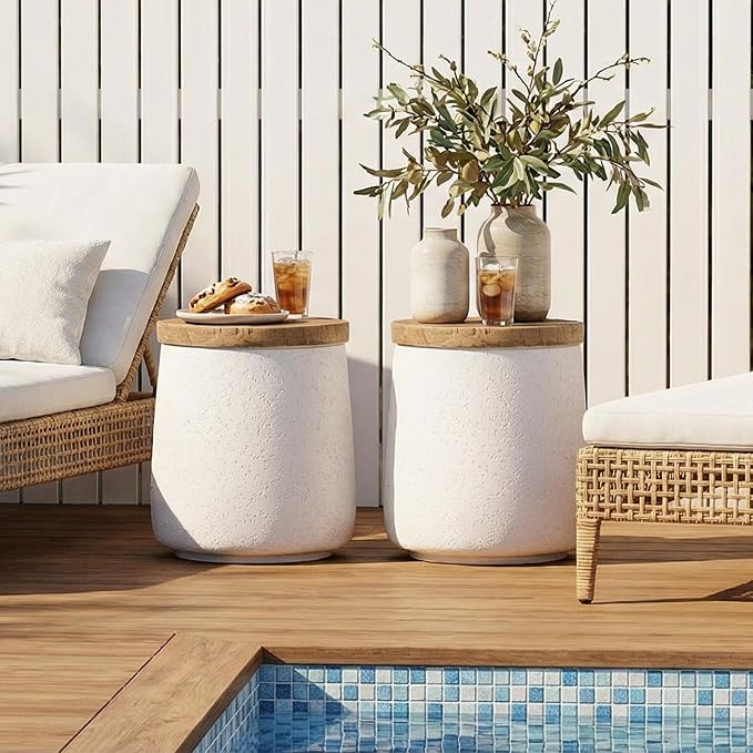 HOMPUS Outdoor Side Table Set of 2, Concrete End Table Cylinder Shaped | Lightweight MgO Patio Accent Table w Wood Grain Top, Small Round Outdoor Garden Stand for for Indoor Outdoor Use, White