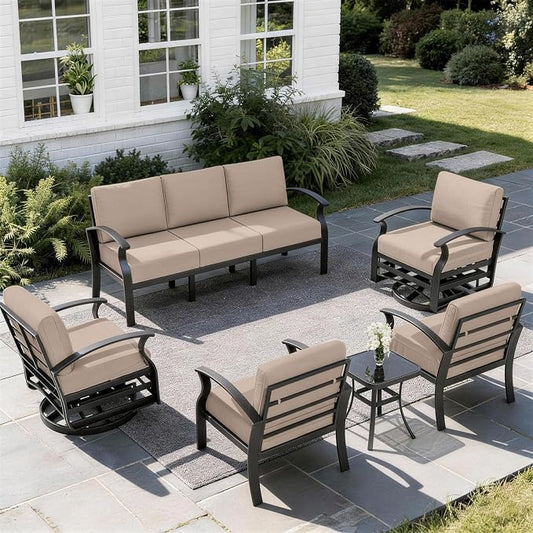 ALAULM Aluminum Patio Furniture Set with 2 Swivel Chairs 7-seat Metal Outdoor Furniture Patio Sectional Sofas Patio Conversation Set w/5.1" Cushions for Patio, Backyard, Poolside-Sand