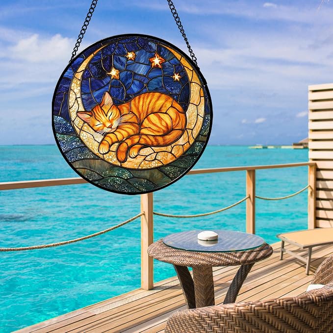 Stained Glass Window Hanging - Orange Moon Sleeping Cat Sun Catcher for Door Home Decor Blue Starry Sky Suncatcher Christmas Mother's Day Birthday Gifts for Women Men Mom Nana 11.8 in