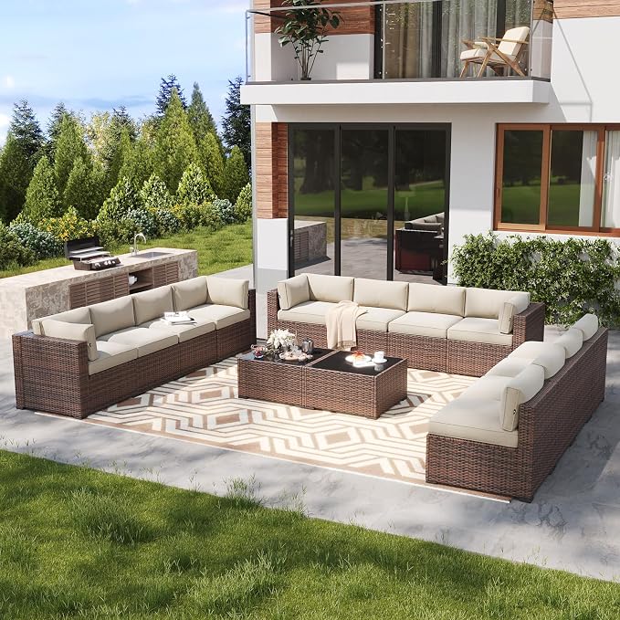 LazySunsets 14 Piece Outdoor Patio Furniture Set with Coffee Table, Outdoor Patio Furniture Sets with 4'' Thicken Cushion, Wicker Outdoor Conversation Set for Backyard & Garden, Beige
