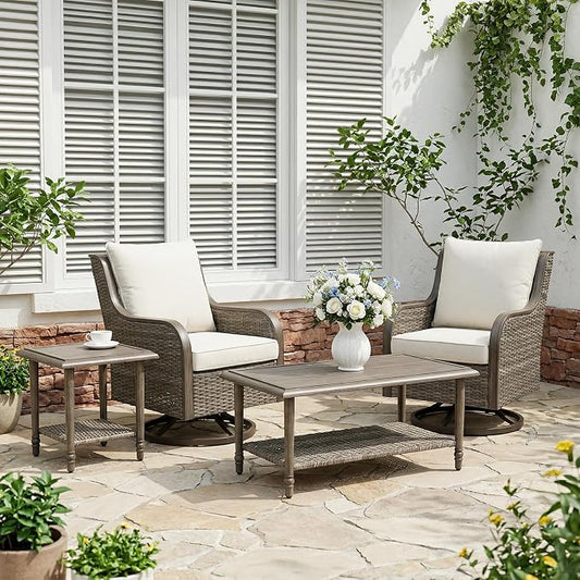 Swivel PE Wicker Chair, Outdoor Patio Chair with 360° Rotation & Water-Resistant Cushion for Porch, Deck, Balcony – All-Weather Handwoven Design (Beige, 4-PCS1)