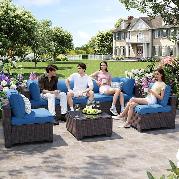 7 Piece Outdoor Patio Furniture Set, All Weather Pe Rattan Wicker Modular Patio Sofa Conversation Sets Sectional with High Backrest Support and Wide Armrest for Backyard, Balcony, Deck, Porch