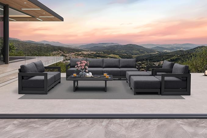 PURPLE LEAF Patio Furniture Set Open-End Outdoor Couch with 9.6" Thick Cushion and Soft Pillows 11 Piece Modern Outdoor Conversation Sets with Table Outdoor Sectional Sofas for Yard Porch Deck, Grey