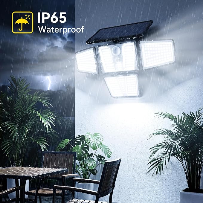 Solar Flood Lights, 3600LM 270° Motion Sensor Outdoor Lights-Remote | 4 Heads 3 Modes Solar Lights Outdoor, Glass Panel, IP65 Waterproof Outdoor Security Lights for Yard Patio Garage- 4Pack Black