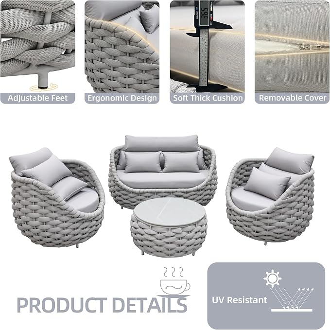 TWT 6-Piece Aluminum Patio Furniture Set, Olefin Rope Modern Outdoor Conversation Set Sectional Sofa with Water Repellent Thick Cushions and Coffee Table for Balcony, Garden, Light Grey