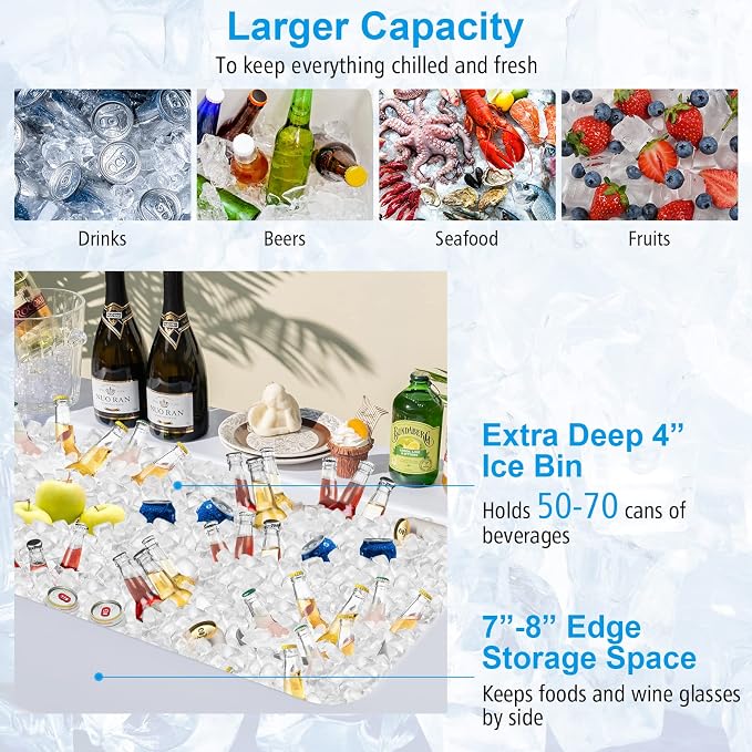 S AFSTAR 4 Foot Folding Ice Table, Buffet Salad Serving Table with Removable Skirt, Drain System & 8" Spacious Edge, Portable Beverage Cooler for Party Camping Picnic Wedding