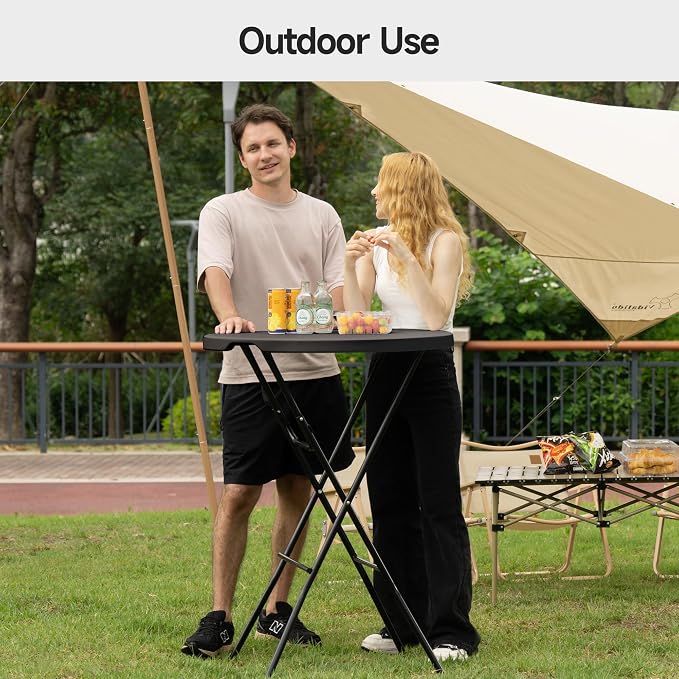 32'' Round Folding Table, HDPE Portable Bar Height Table with Removable Legs for Indoor Outdoor Wedding Event, Gathering, Parties, Commercial Events, Black