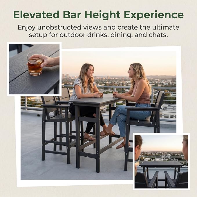 3 Piece Outdoor Bar Height Table and Chairs Set, HDPE Outdoor High Top Table and Chairs with Aluminum Reinforced Tabletop, All Weather Bar Height Patio Set for Deck/Balcony/Backyard, Grey