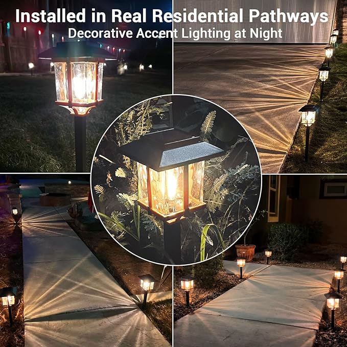 XMCOSY+ Solar Pathway Lights Outdoor, Edison Solar Garden Lights, 4 Pack | IP65 Waterproof, 2-Tone Stainless Steel & Glass, LED Warm White Glow Landscape Lighting for Walkway Yard Patio Driveway Decor
